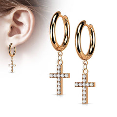 Pair Of 316L Surgical Steel Rose Gold PVD White CZ Cross Dangle Hoop Earrings