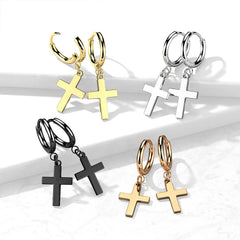 Pair Of 316L Surgical Steel Thin Hoop Earrings With Dangling Cross