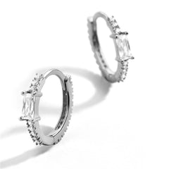 Pair of 925 Sterling Silver Diamond Baguette CZ Minimal Hoop Earrings