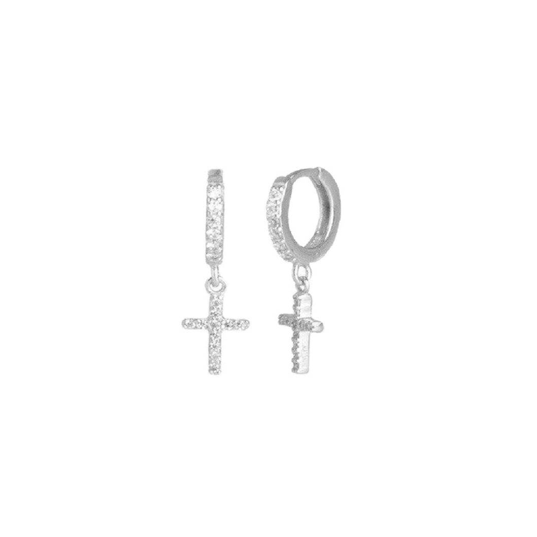Pair of 925 Sterling Silver Diamond CZ Cross Dangle Minimal Hoops