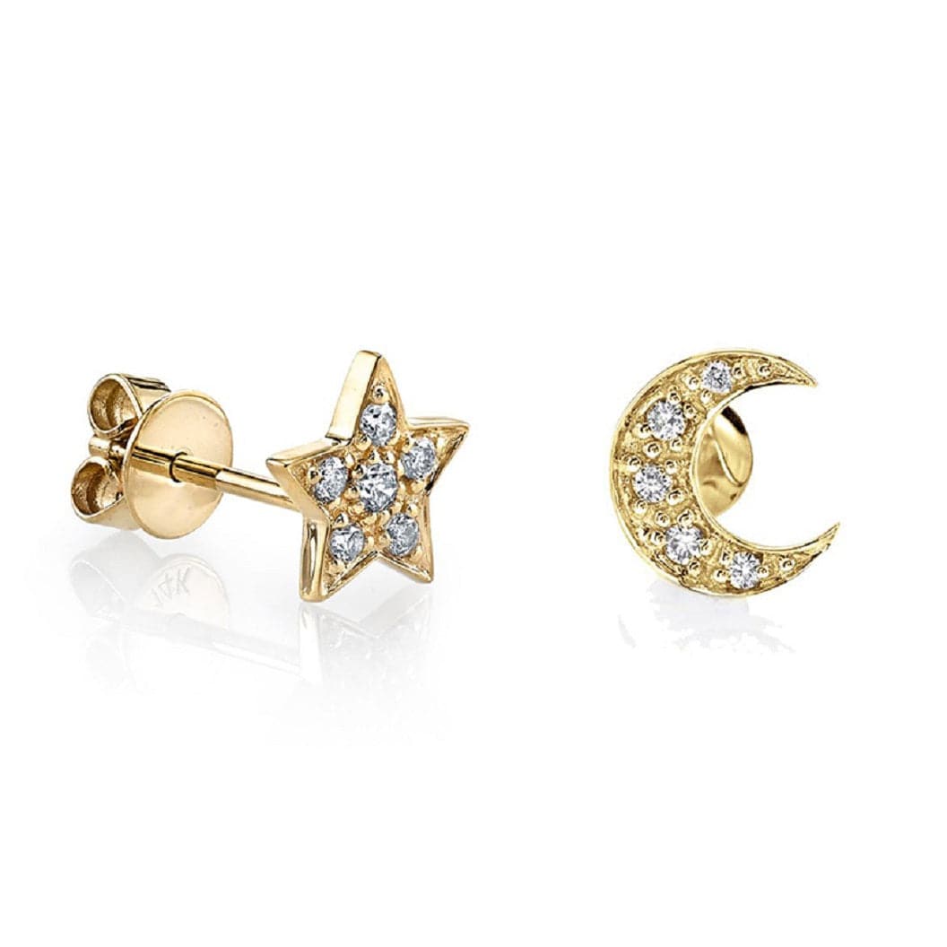 Pair of 925 Sterling Silver Gold PVD Large White CZ Star & Moon Minimal Earrings