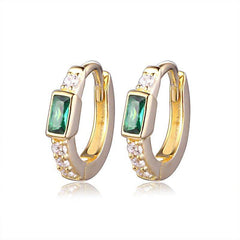 Pair Of 925 Sterling Silver Gold PVD White CZ With Green Bezel Baguette Gem Minimal Hoop Earrings