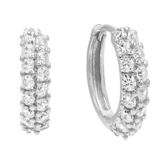 Pair of 925 Sterling Silver Minimal Women's Double Row White CZ Hinged Clicker Hoop Earrings