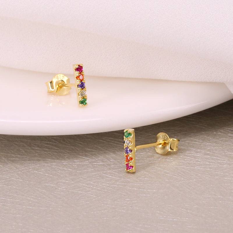 Pair Of 925 Sterling Silver Multi-Colour CZ Line Minimal Stud Earrings