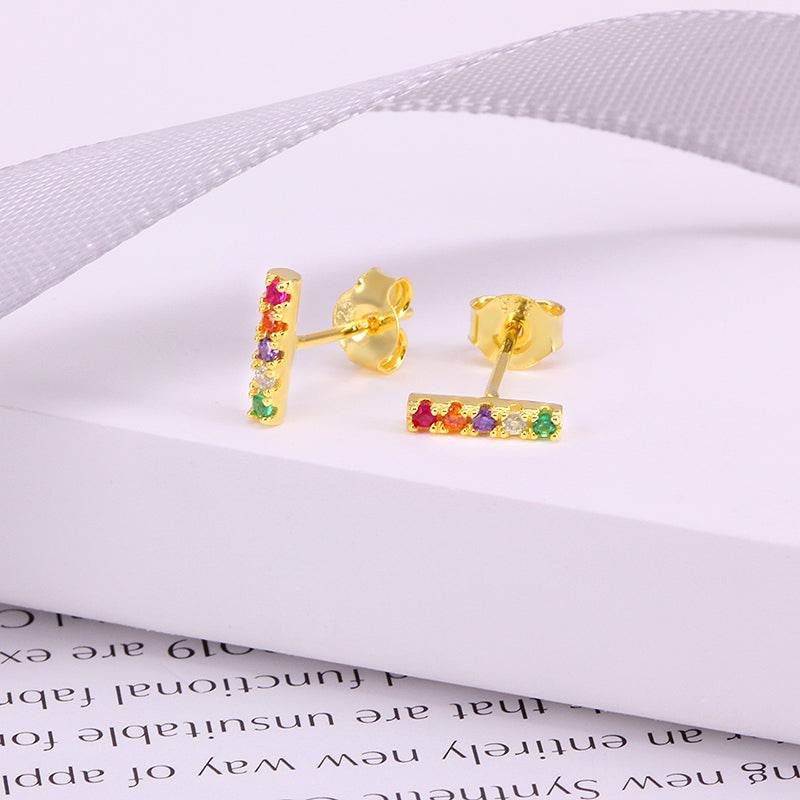 Pair Of 925 Sterling Silver Multi-Colour CZ Line Minimal Stud Earrings