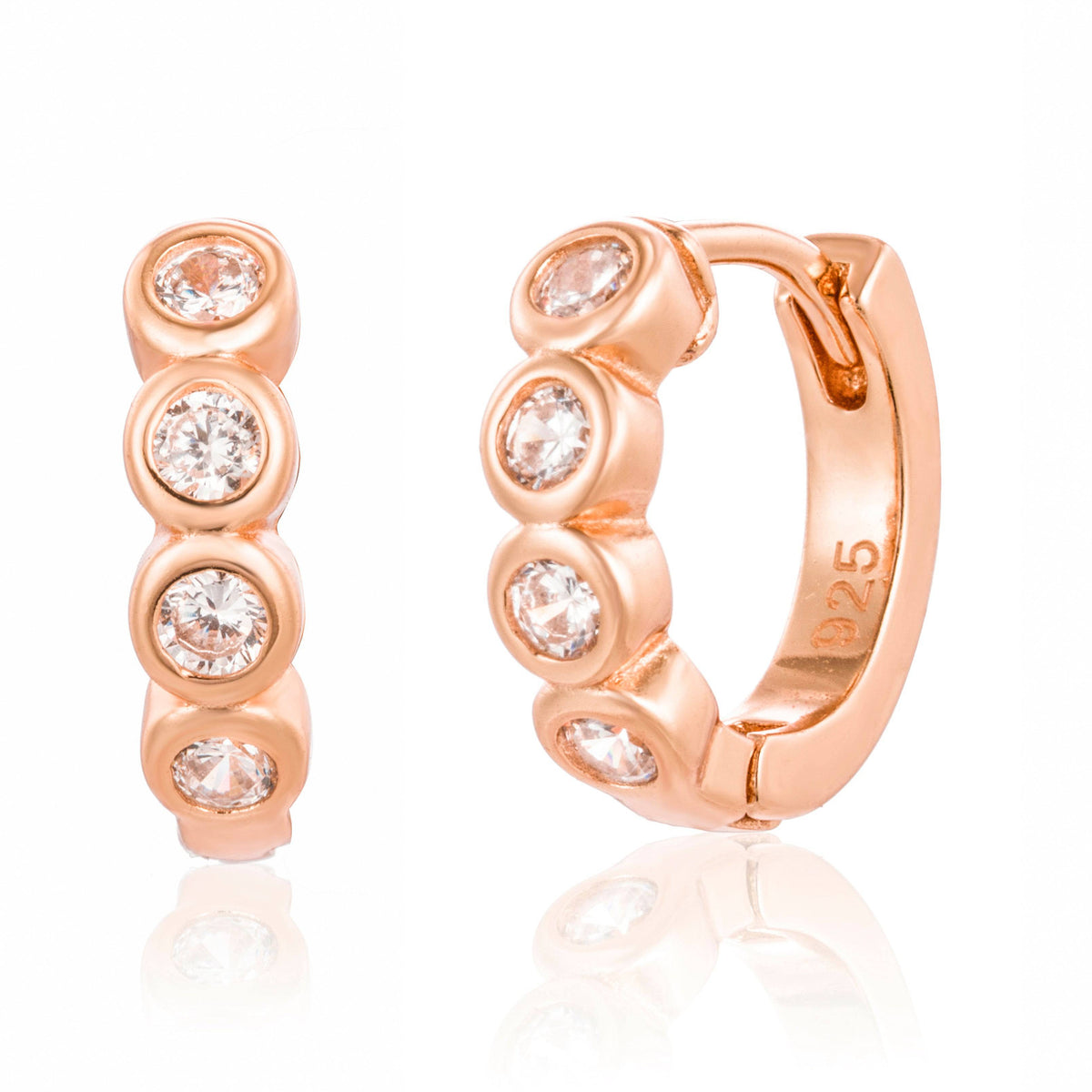 Pair of 925 Sterling Silver Rose Gold PVD Minimal 4-CZ Gem Hinged Huggy Hoop Earrings