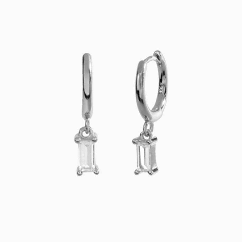 Pair Of 925 Sterling Silver White CZ Baguette Dangle Minimal Hoop Earrings