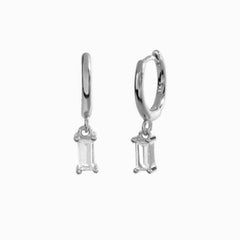 Pair Of 925 Sterling Silver White CZ Baguette Dangle Minimal Hoop Earrings