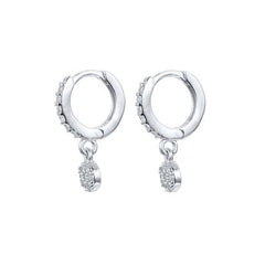 Pair Of 925 Sterling Silver White CZ Pave Circle Dangle Minimal Hoop Earrings