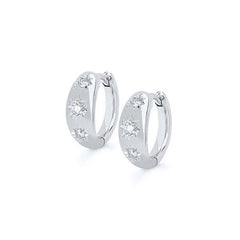 Pair Of 925 Sterling Silver White CZ Starburst Minimal Hoop Earrings