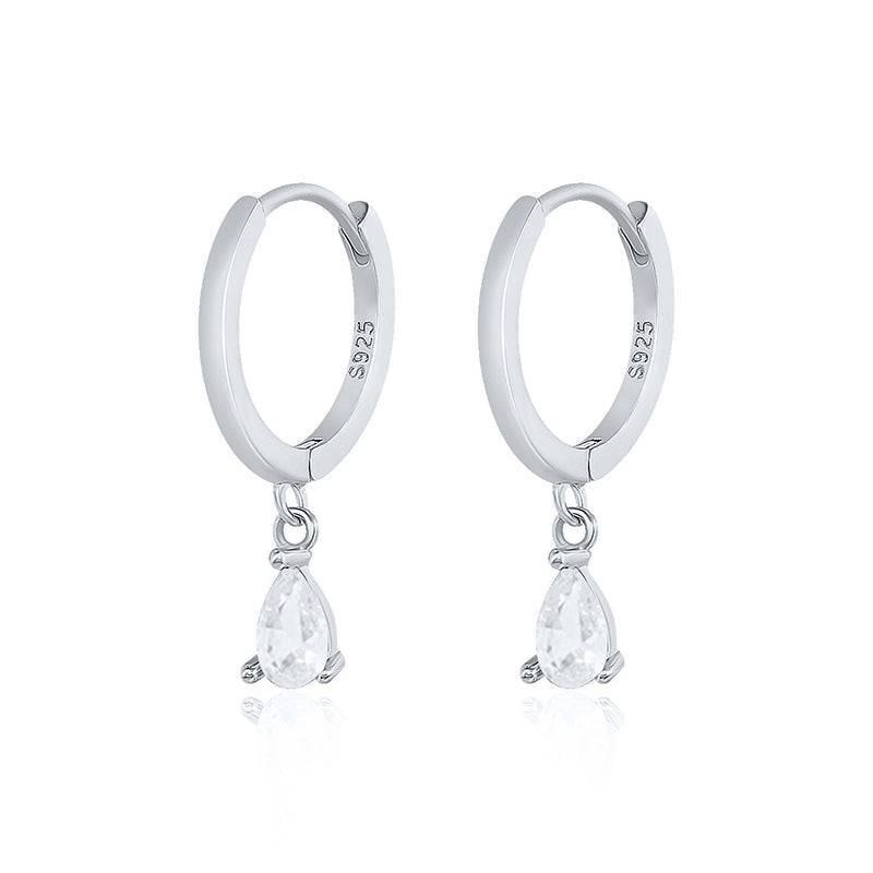 Pair Of 925 Sterling Silver White CZ Teardrop Dangle Minimal Hoop Earrings