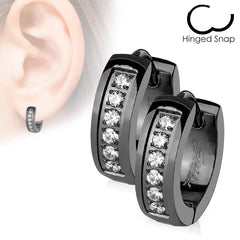 Pair of Black Plated 316L Surgical Steel CZ Lined Hinged Earring Hoops