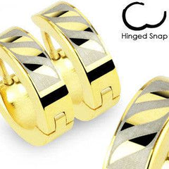 Pair of Gold Plated 3 Striped Design Hinged Snap On Hoop Earrings