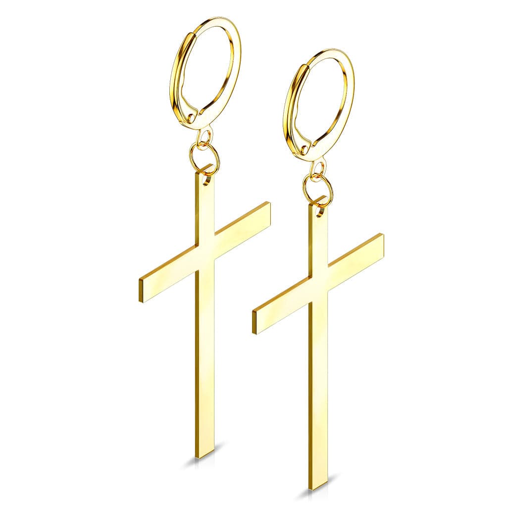 Pair of Gold Plated 316L Surgical Steel Large Dangling Cross Earring Hoops