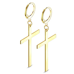 Pair of Gold Plated 316L Surgical Steel Large Dangling Cross Earring Hoops