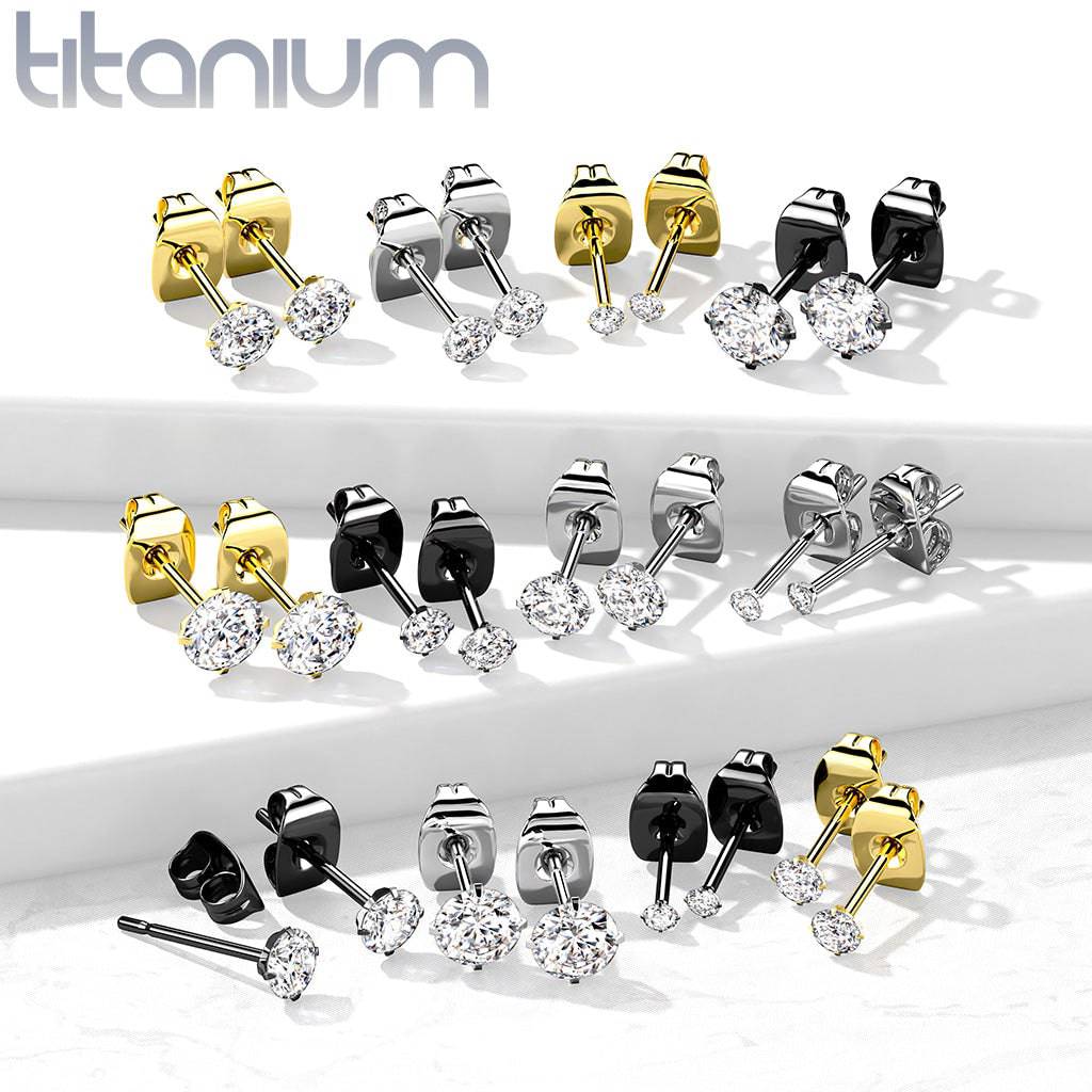 Pair Of Implant Grade Titanium Black PVD White CZ Stud Earrings