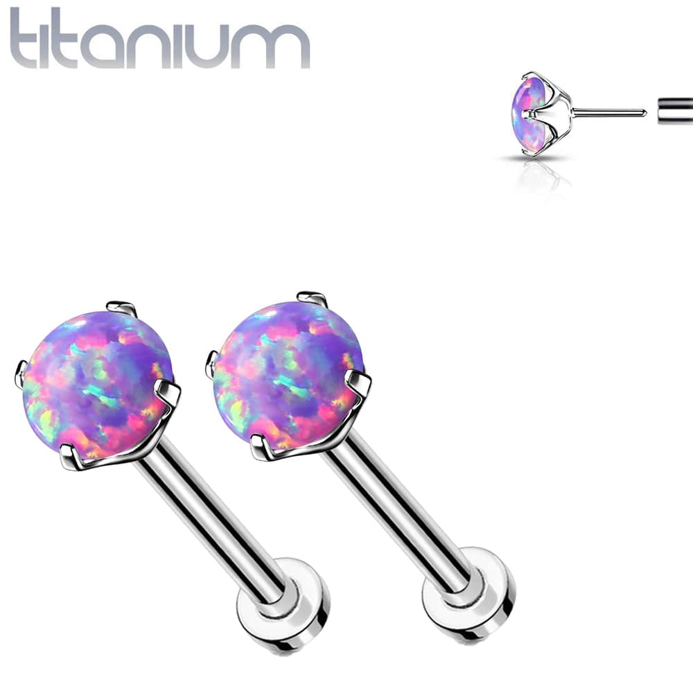 Pair of Implant Grade Titanium Threadless Purple Opal Earring Studs with Flat Back