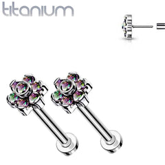 Pair of Implant Grade Titanium Threadless Vitrail Medium CZ Flower Earring Studs with Flat Back