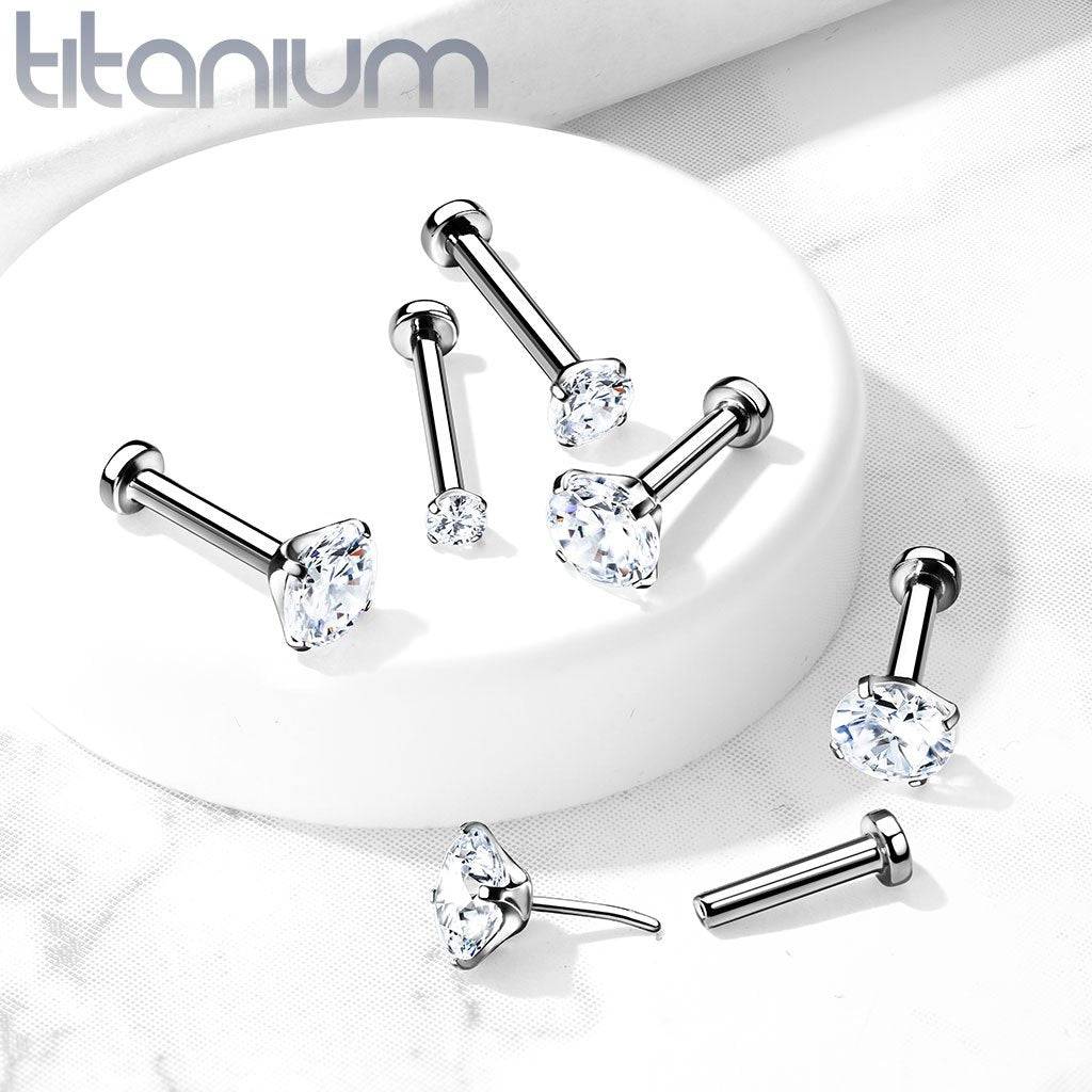 Pair of Implant Grade Titanium Threadless White CZ Earring Studs with Flat Back