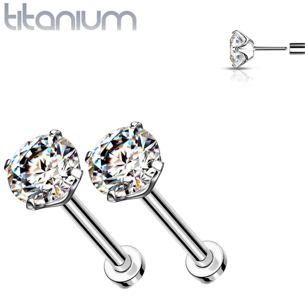 Pair of Implant Grade Titanium Threadless White CZ Earring Studs with Flat Back