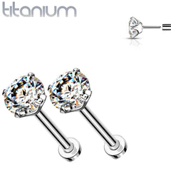 Pair of Implant Grade Titanium Threadless White CZ Earring Studs with Flat Back