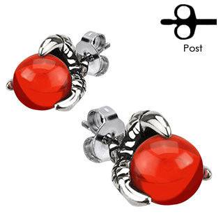 Pair of Stainless Steel Dragon Claw Red Amber Earrings Studs