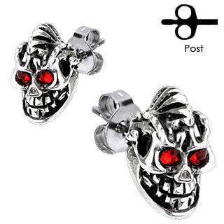 Pair of Stainless Steel Red CZ Gem Eyes Skull Earrings Studs