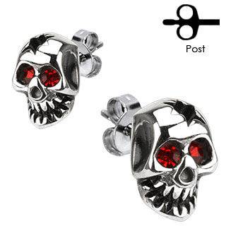 Pair of Stainless Steel Skull CZ Gem Earrings Studs