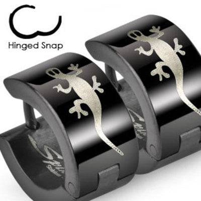 Pair of Surgical Steel Black Hoops with Gecko Lizard Hinged Snap Earrings