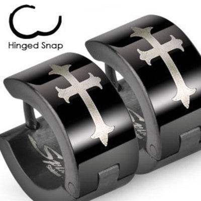 Pair of Surgical Steel Black Hoops with Medieval Cross Hinged Snap Earrings