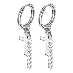 Pair of Surgical Steel Cross & Chain Dangle Hoop Earrings