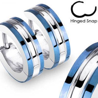 Pair of Surgical Steel Hoops Two Tone Steel and Blue Hinged Snap Earrings