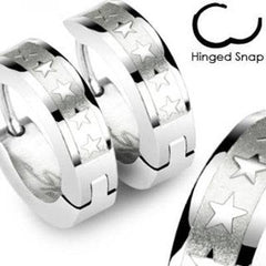Pair of Surgical Steel Hoops with 5 Star Design Earrings Hinged Snap
