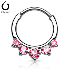 Pink 5 Prong Set CZ Round Septum Ring Curved 316L Surgical Steel Bar Clicker