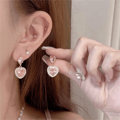 Pink Crystal Dangling Heart Earrings