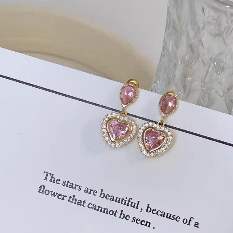 Pink Crystal Dangling Heart Earrings