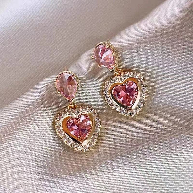 Pink Crystal Dangling Heart Earrings