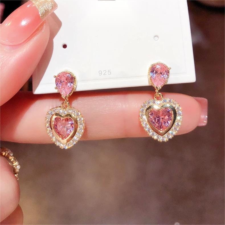 Pink Crystal Dangling Heart Earrings