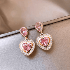 Pink Crystal Dangling Heart Earrings