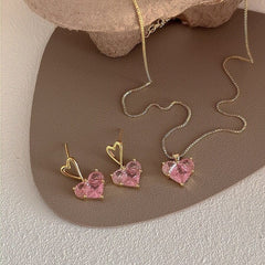 Pink Crystal Heart Pendant Necklace Earrings Set