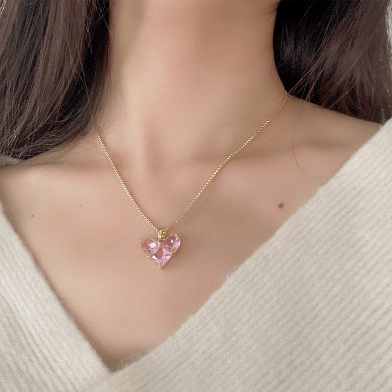 Pink Crystal Heart Pendant Necklace Earrings Set