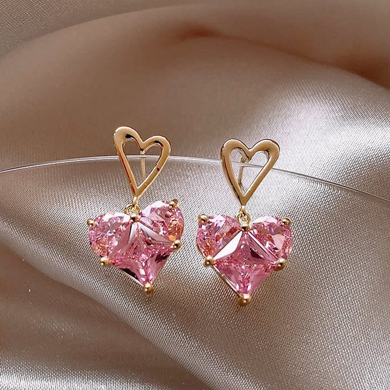 Pink Crystal Heart Pendant Necklace Earrings Set