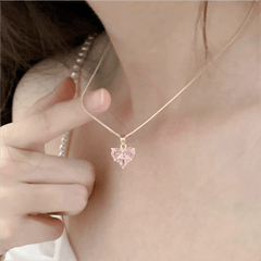 Pink Crystal Heart Pendant Necklace Earrings Set