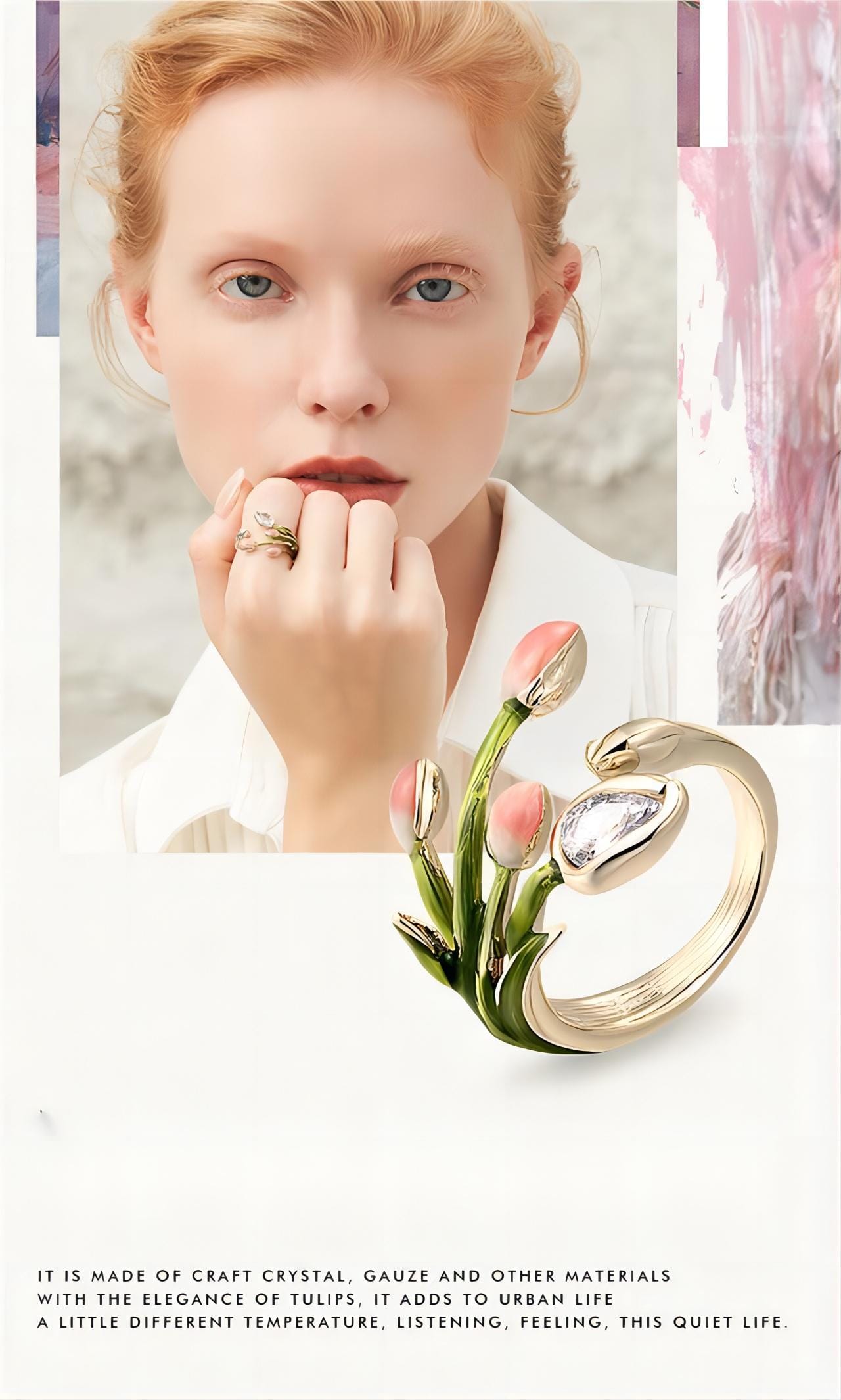 Pink Crystal Inlaid Enamel Tulip Ring