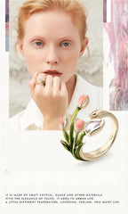 Pink Crystal Inlaid Enamel Tulip Ring