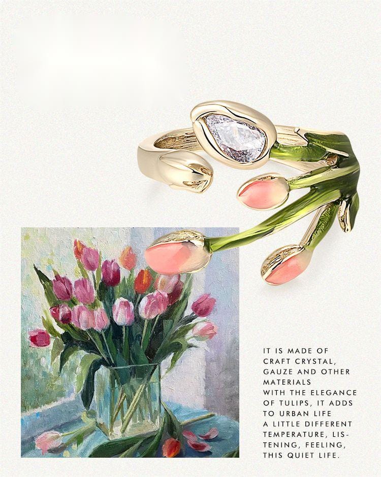 Pink Crystal Inlaid Enamel Tulip Ring