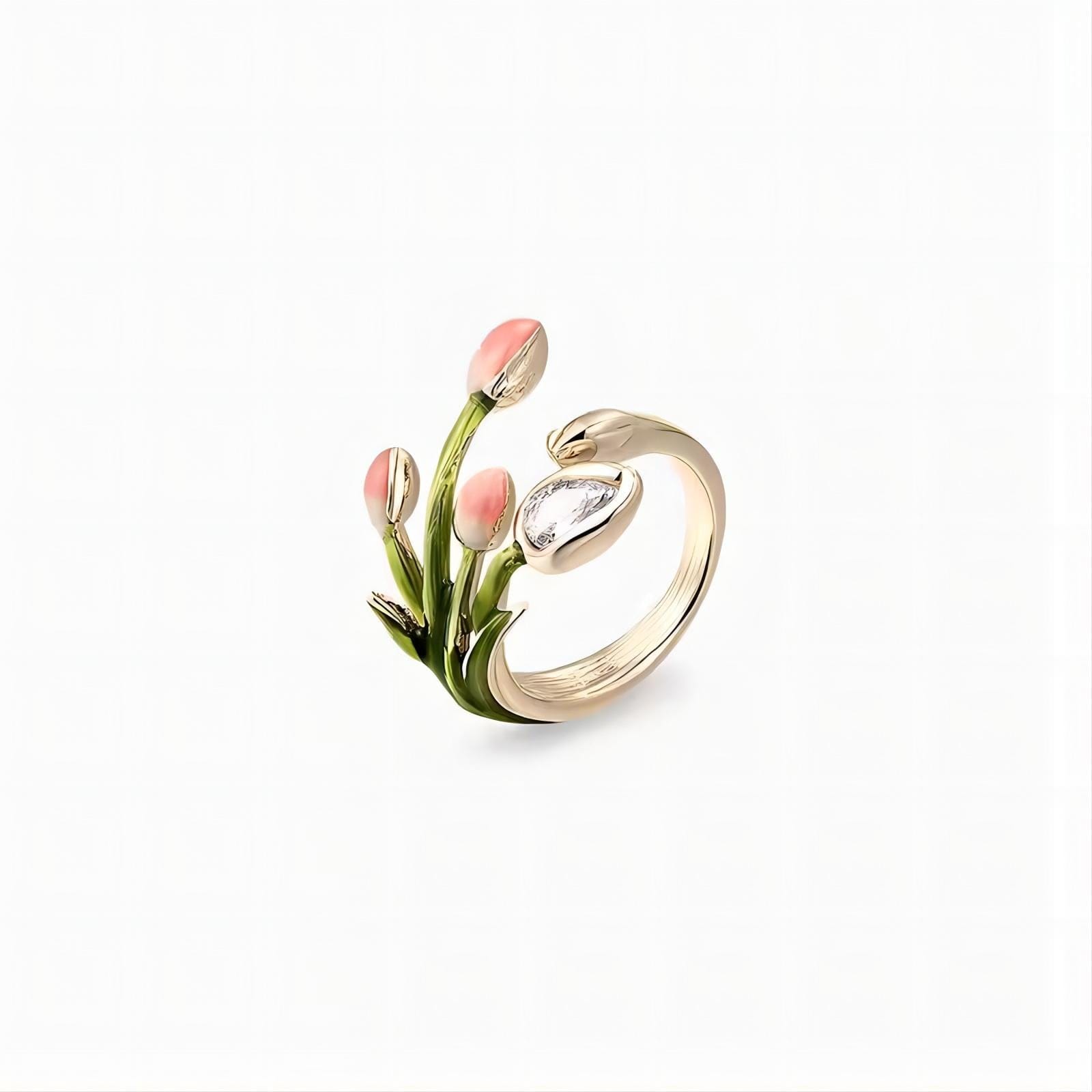 Pink Crystal Inlaid Enamel Tulip Ring