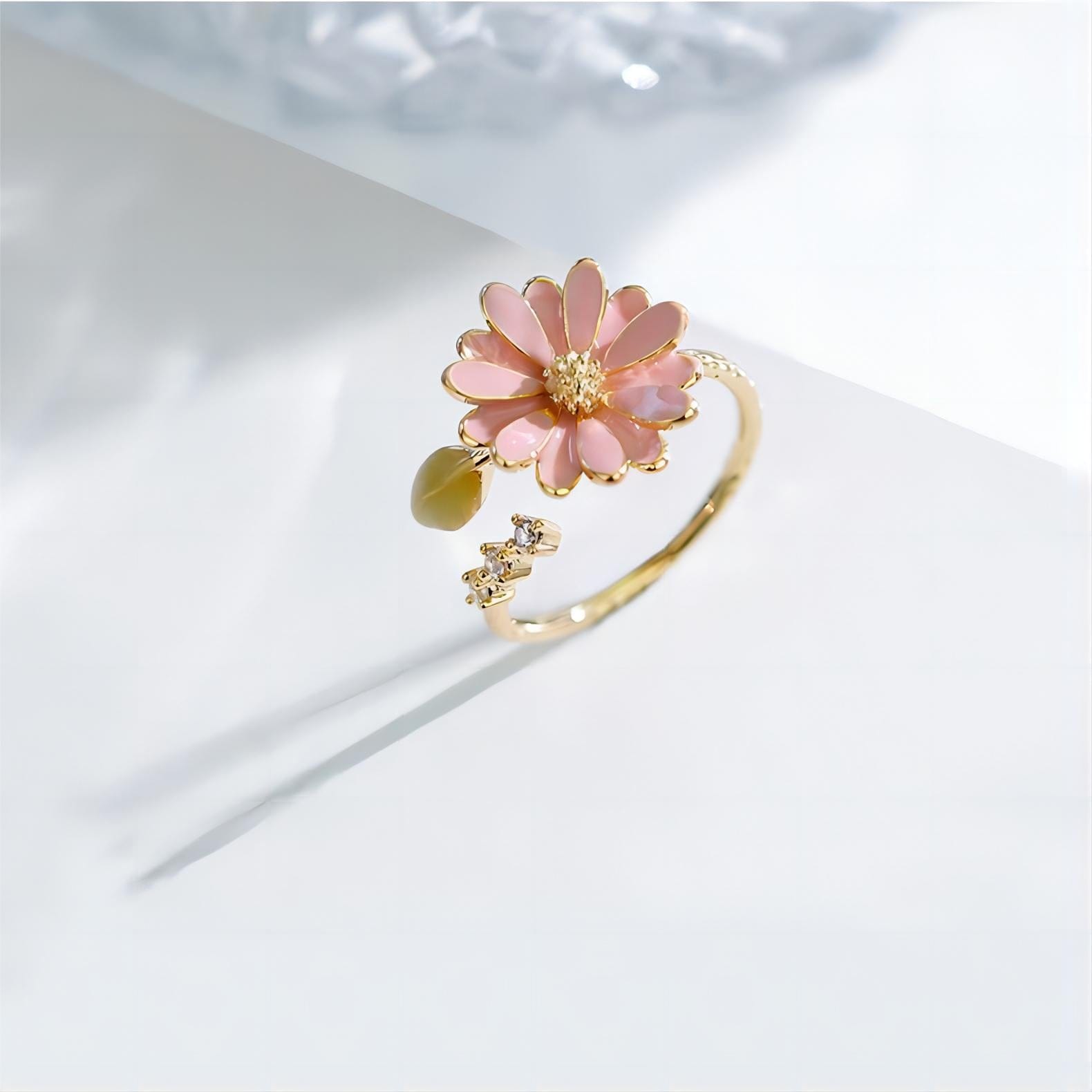 Pink CZ Inlaid Enamel Daisy Ring