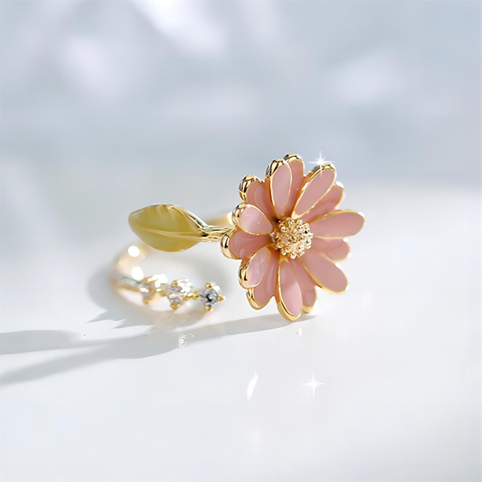 Pink CZ Inlaid Enamel Daisy Ring