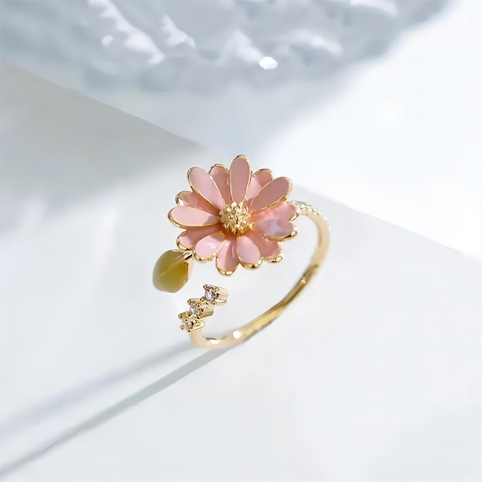 Pink CZ Inlaid Enamel Daisy Ring